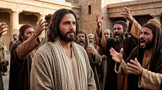 Jesus listening calmly as the Jews accuse him in a tense temple atmosphere