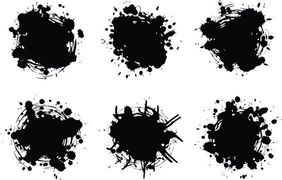 Six black ink splatters on a white background