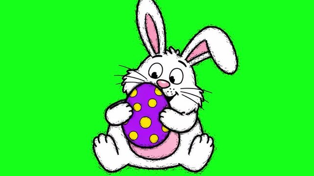 A classic 2D hand-drawn white bunny sits and holds a purple spotted Easter egg against a bright green chroma key background. This flat animation style is designed for easy background removal and compo