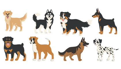 Obraz premium Dog breeds illustration set featuring various cartoon canine silhouettes and icons