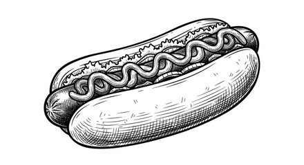 Hand-drawn sketch of a hot dog with mustard and relish on a white background © Atok