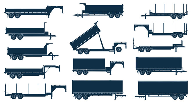 Collection of Truck Trailer Silhouettes: Flatbed, Tipper, Log, Box & More