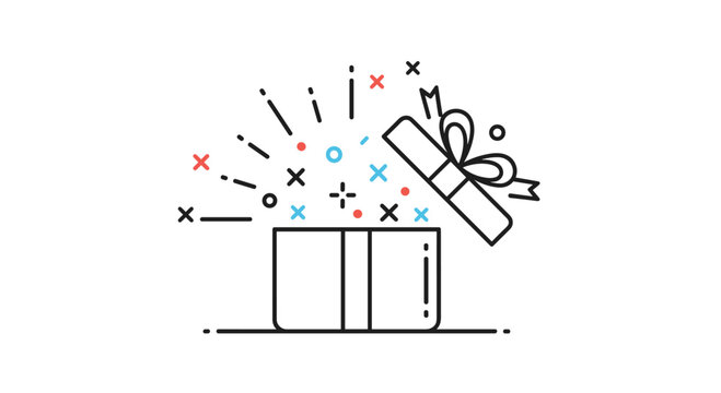 Open gift box with decorative elements flying out, symbolizing surprise, celebration, reward, or special offers.