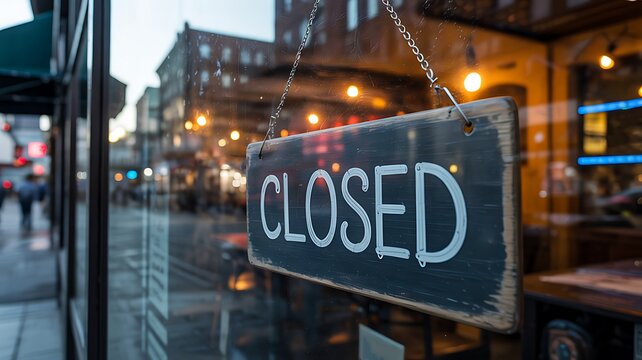 Closed sign hanging on glass door of retail store with blurred city street lights in background at evening