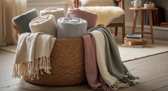 Oversized woven basket filled with neatly rolled and folded cozy blankets and throws in muted pastel colors
