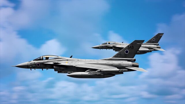 A close-up side view of two grey tactical fighter jets soaring through a bright blue sky filled with white cumulus clouds. Ideal for defense, aviation technology, and air force concepts.