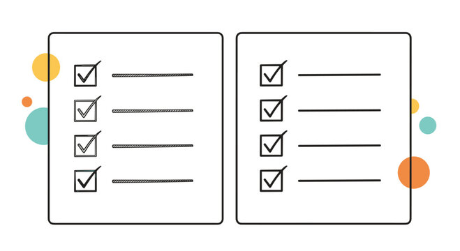 Comparison of two task checklists with check marks on paper, decorated with abstract colorful circles.