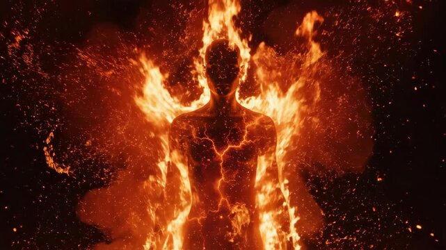 A Silhouette of a Person Engulfed in Flames, With Fiery Particles Exploding Outwards Against a Dark Background.