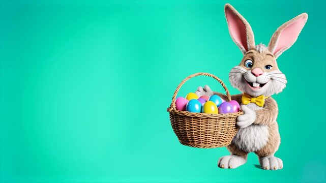 A happy 3D animated rabbit character performing a fun dance while holding a basket filled with multi-colored eggs. Set against a vibrant teal background, ideal for bright holiday content.