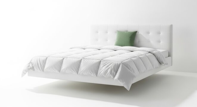 Modern Floating Bed Design in Stark White with Green Pillow for a Serene Bedroom
