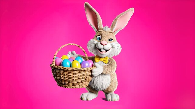 A happy brown rabbit wearing a yellow bow tie and holding a basket full of colorful eggs, set against a solid bright pink background. This high-quality 3D render is perfect for festive posters, invita