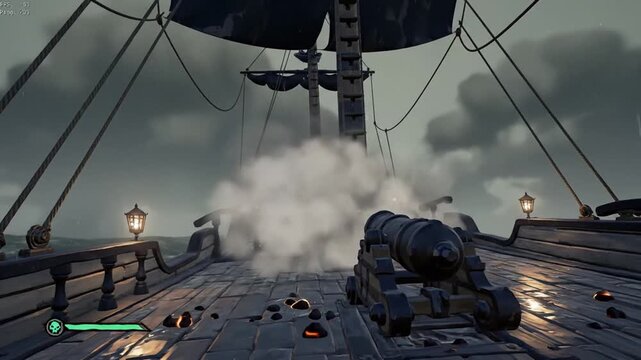 View from a pirate ship deck with cannon, mast, and glowing embers during a stormy battle at sea