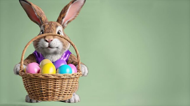 A highly detailed 3D animated rabbit with realistic fur texture holds a wicker basket full of colorful eggs. The scene is set against a soft sage green background with professional studio lighting.