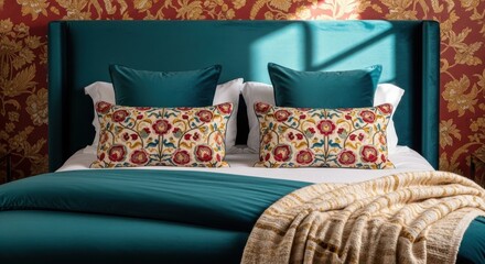 Fototapeta premium Luxurious Teal Platform Bed with Ornate Embroidered Pillows and Velvet Headboard in a Serene Bedroom Setting