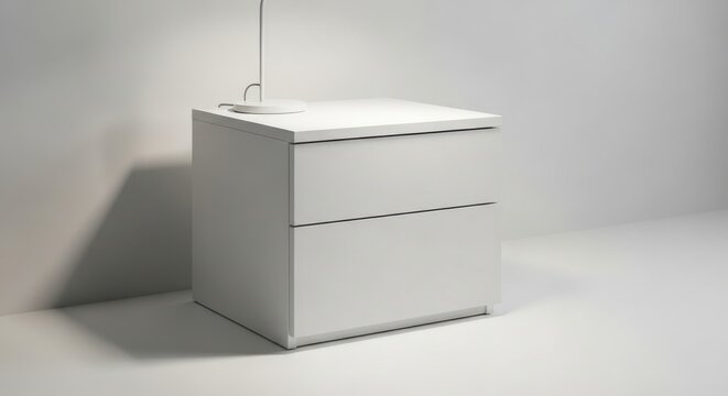 Minimalist matte white bedside cabinet with two drawers in a modern interior setting