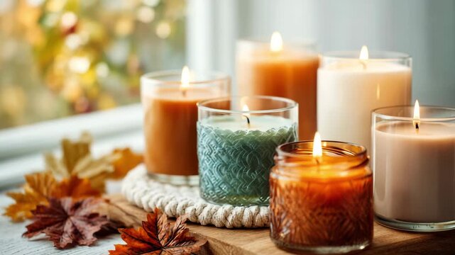 Cozy autumn home decor with candles and knitted blanket on window sill Store Fall Candles Properly cozy autumn atmosphere