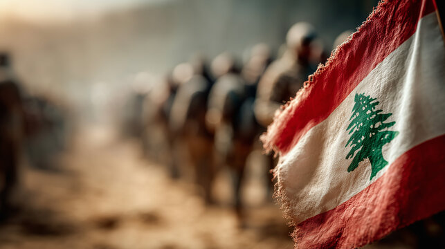 Lebanon Flag and Soldier Marching: a close-up image shows the Lebanese flag with marching soldiers, embodying themes of patriotism, military, and national identity, amidst a rugged, war-torn setting.