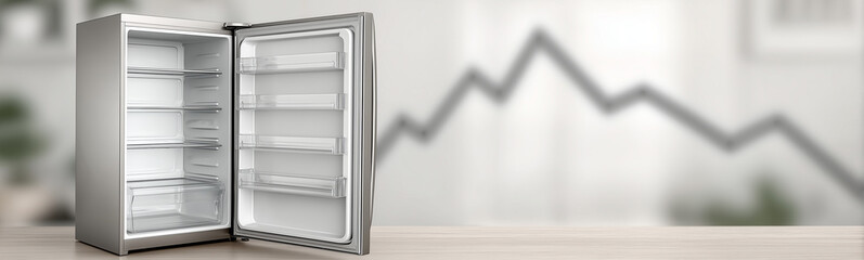 Fototapeta premium Empty Fridge: A stainless steel fridge stands open, its shelves bare, on a wooden surface, with a blurred graph in the background, symbolizing potential growth or emptiness.