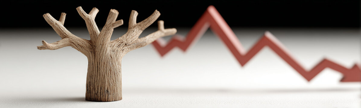 Economic Downturn: Symbol of loss and decrease with a bare tree and a downward-pointing arrow, portraying a concept of economic instability.