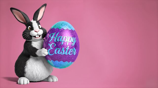 A cheerful 3D animated white rabbit holding a large glittery purple egg with "Happy Easter" text, dancing joyfully against a pink background. Perfect for holiday greetings and festive marketing.