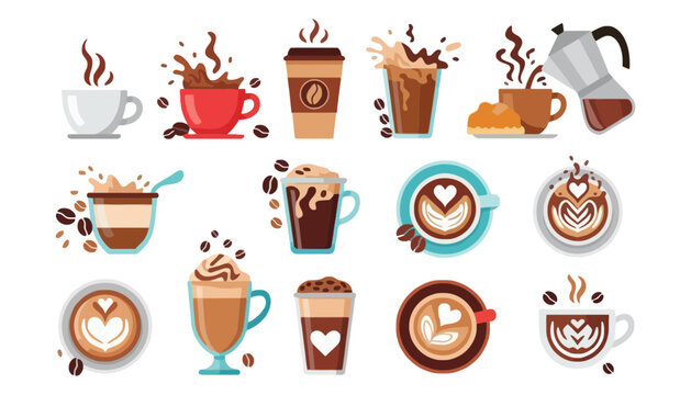 Coffee cup vector illustration set with various designs and patterns