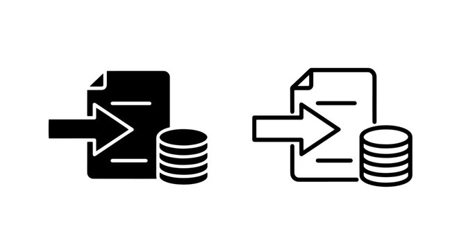 Document with arrow and stack of coins icon: data ingestion and transaction