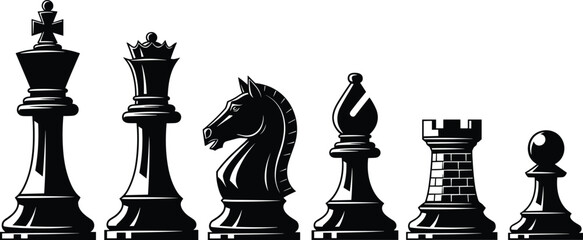 Chess pieces silhouettes king queen knight bishop rook and pawn strategy board game vector illustration isolated classic chess set © Sahariya