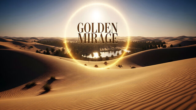 Desert landscape with sand dunes and oasis under sunny sky with golden mirage effect  serene natural scenery with tranquil lake