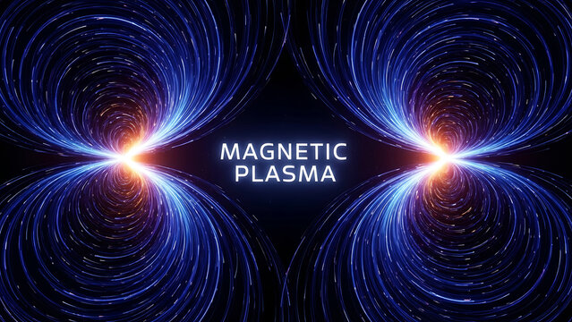 Magnetic plasma energy swirling patterns with bright orange centers and blue circular lines on dark background