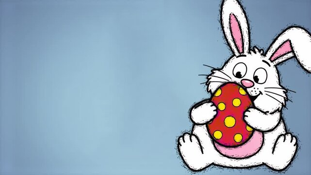 A white 2D animated style bunny peeking into the frame while holding a decorated red egg with yellow spots, set against a solid pale blue background. Ideal for seasonal greetings, social media posts, 