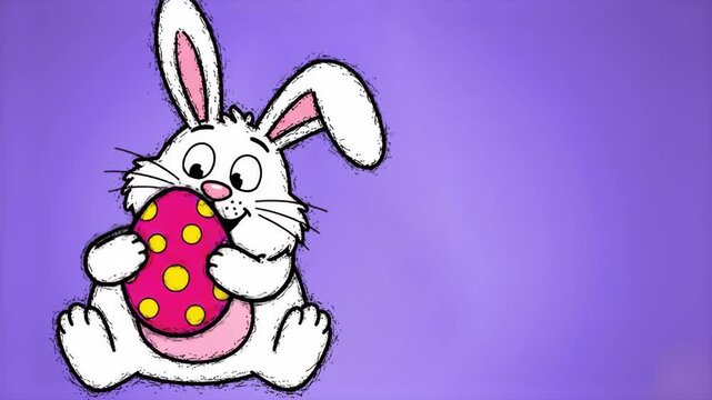A cute white 2D cartoon rabbit peeking from the left side and holding a red Easter egg with yellow polka dots, isolated on a solid purple background. Perfect for spring holiday cards, children's illus