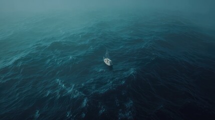 Fototapeta premium Lone Sailboat Navigating Through Mysterious Fog on Deep Blue Ocean Waters in Tranquil Yet Unsettling Scene of Nature's Beauty