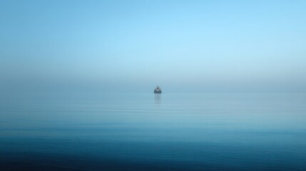 Fototapeta premium Tranquil Seascape at Dawn with a Lone Ship Silhouetted Against a Misty Horizon in Serene Blue Tones and Soft Light Reflections on Calm Waters