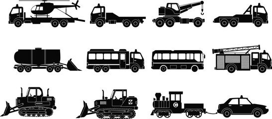Collection of black silhouette vehicles including trucks helicopter crane tow truck tanker bulldozer train and police car © Mokarrm Art