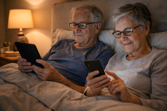 Senior Couple Using E Reader and Smartphone in Bed at Night with Warm Lamp Light