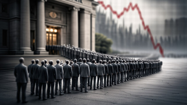 Economic Downturn: A conceptual representation of economic hardship. Long queues of figures face a grand edifice, whilst a red downturn graph casts a shadow overhead.