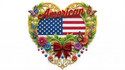 Obraz premium Patriotic Heart of America: An emblem of national pride, featuring the American flag at its core, adorned with floral elements and butterflies, symbolizing beauty, and freedom.
