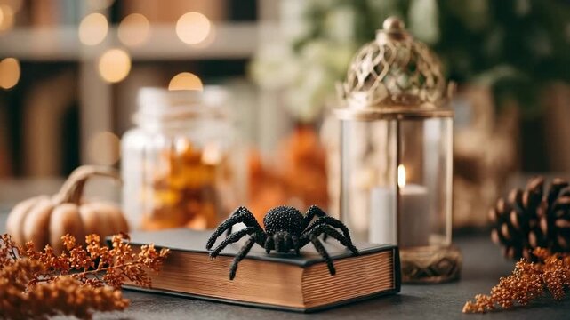 Halloween spider on book with autumn decor and candle lantern on table Indoor Halloween decor inspiration concept of cozy indoor Halloween setting