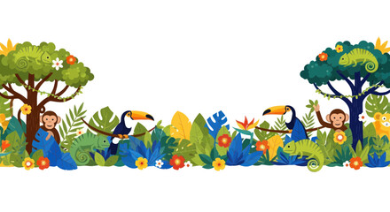 Vibrant Jungle Scene with Toucans, Monkeys, and Chameleons in Lush Tropical Foliage © Aziz