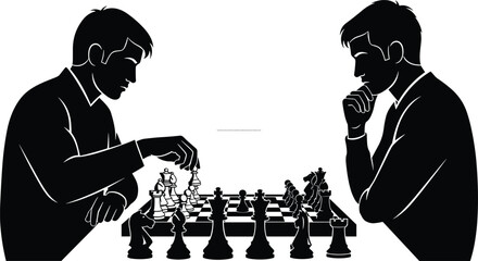 Chess players silhouette vector illustration, competitive board game concept with strategic move, thoughtful opponent design, intellectual sport art emphasizing focus and tactics