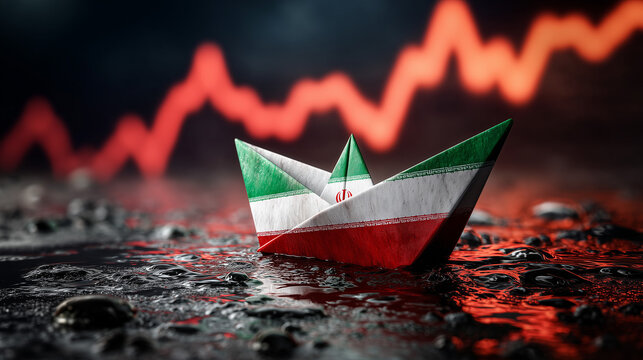 Navigating Uncertainty: A symbolic paper boat, adorned with national colors, sails amidst turbulent waters against a backdrop of financial fluctuation.