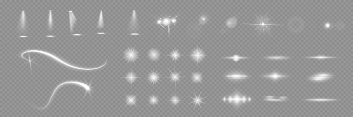 Naklejka premium Various light effects on a transparent background. They have the form of symmetrical rays, reminiscent of twinkling stars. For decorating dynamic scenes or adding movement.