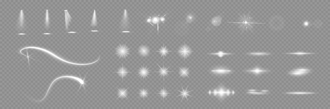 Various light effects on a transparent background. They have the form of symmetrical rays, reminiscent of twinkling stars. For decorating dynamic scenes or adding movement.