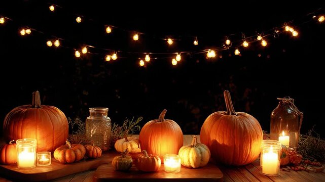 Cozy autumn pumpkin and candle decor on wooden table with warm fairy lights glow Nighttime pumpkin carving table with string lights candles and carved pumpkins glowing in the dark