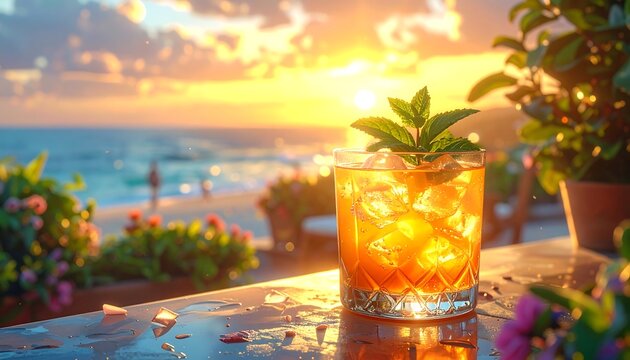 A refreshing cocktail on a table overlooking beach at sunset
