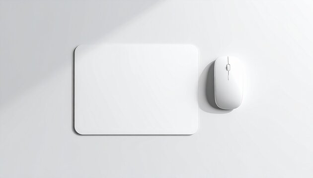 A white computer mouse sits beside a mousepad on a clean surface.
