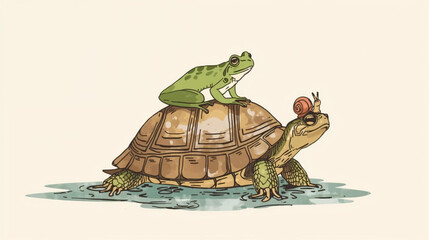 illustration of green tree frog perched gracefully on a turtle's shell. A tiny snail rests atop frog's head © Pemuda