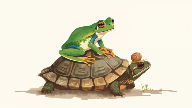 illustration of green tree frog perched gracefully on a turtle's shell. A tiny snail rests atop frog's head