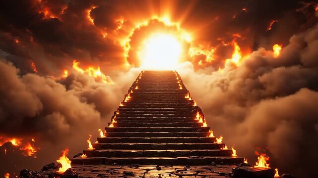 Stairway to the sky with fire and clouds