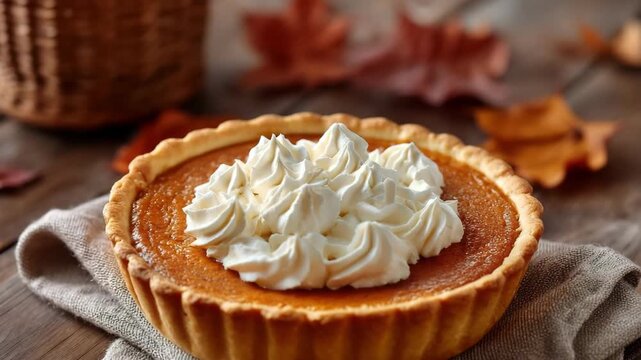 Pumpkin pie with whipped cream on rustic table in autumn setting Pumpkin pie on a rustic wooden table golden crust whipped cream topping cozy autumn dessert